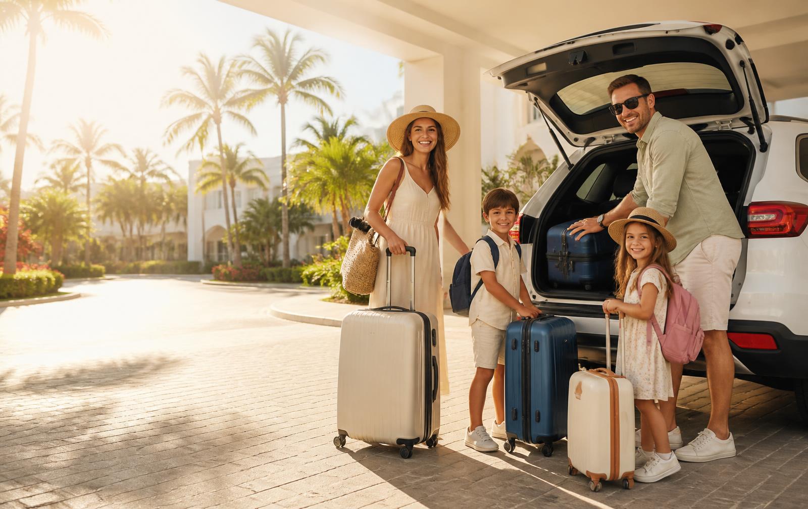 Family loading suitcases into a rental SUV for a weekend staycation