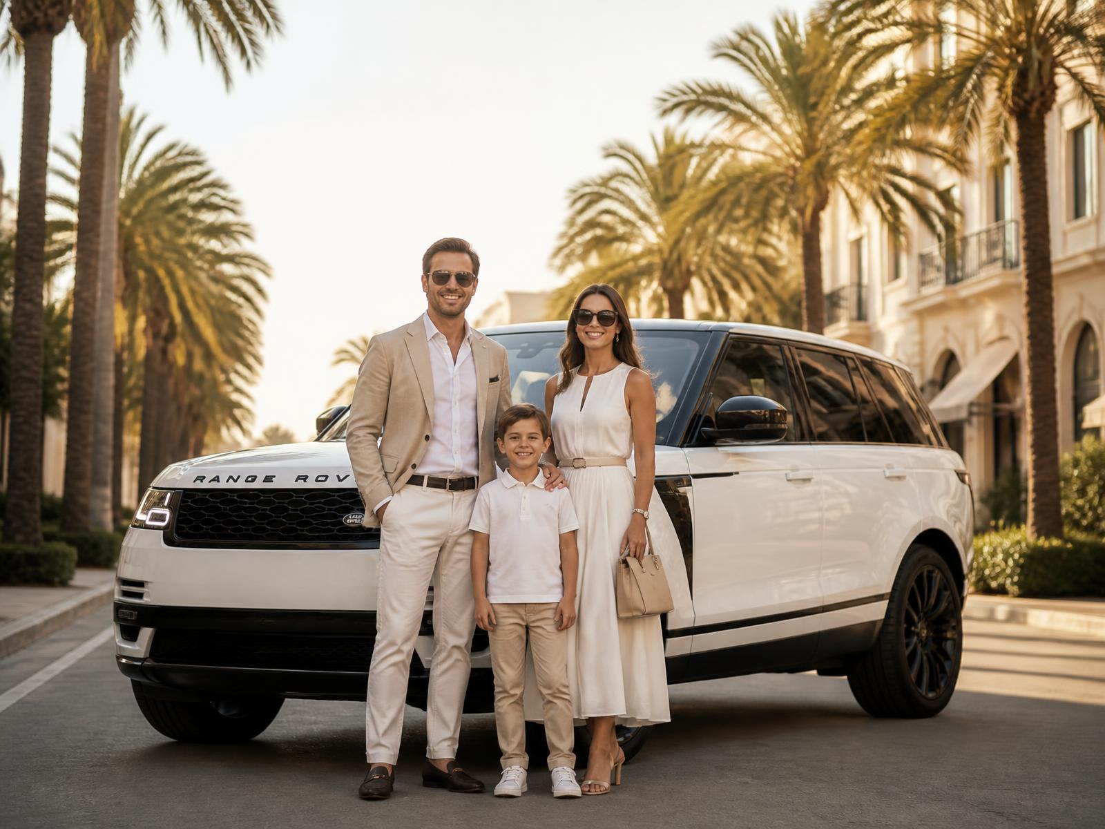 A family together beside their rental car on a palm-lined boulevard